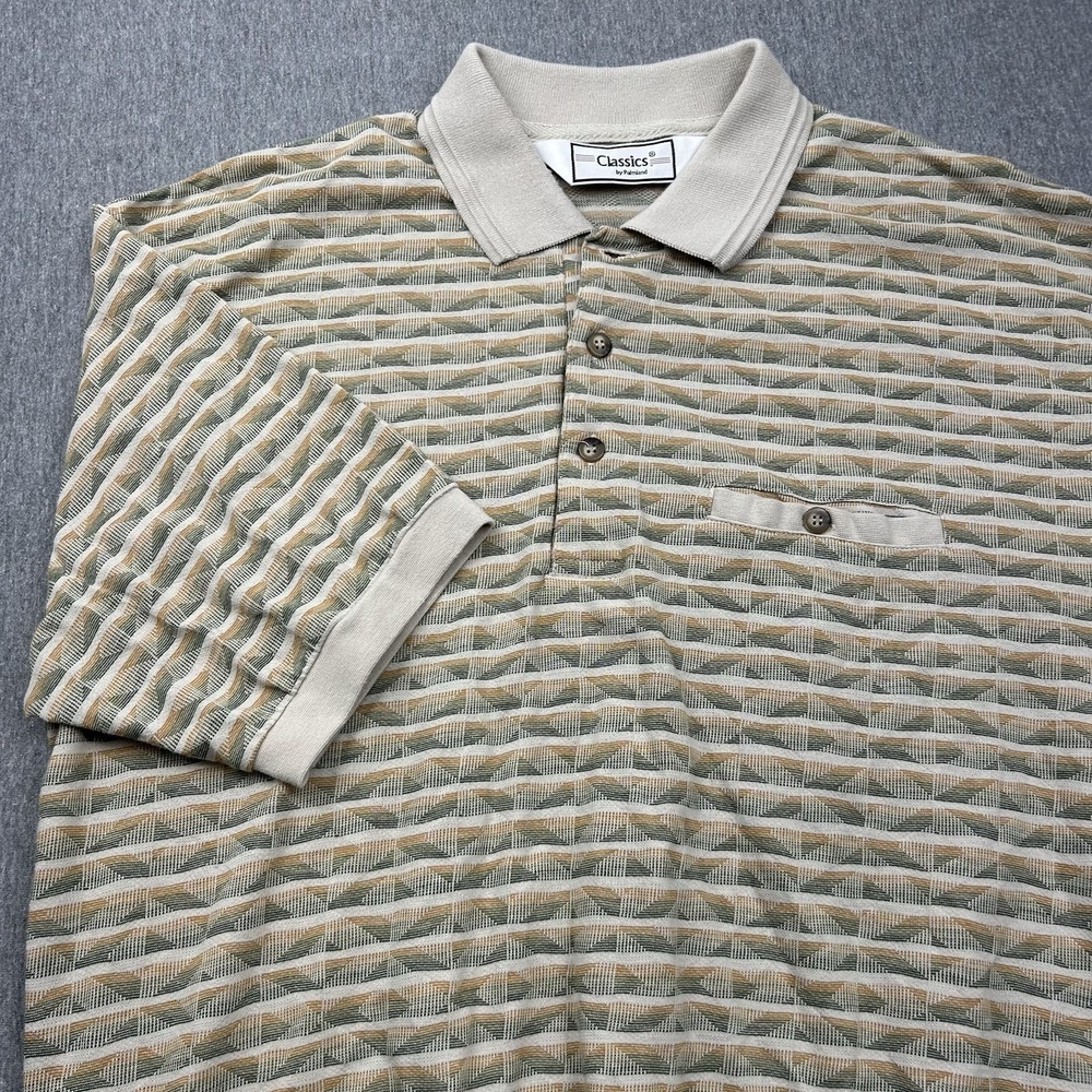 Classics by Palmland‎ Banded Polo Shirt Mens Large Green Tan Striped